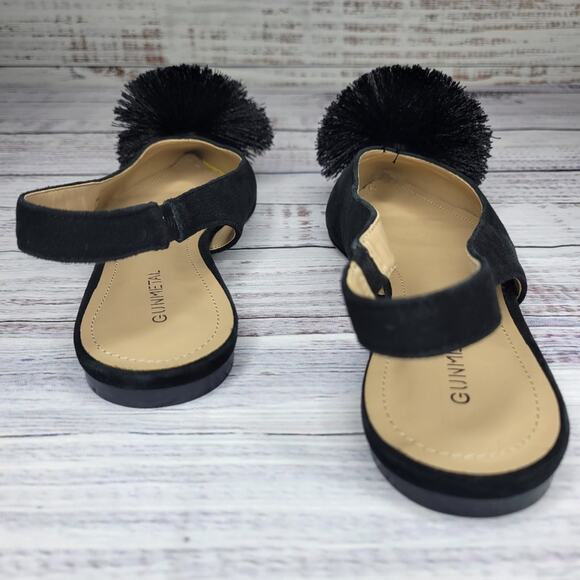 Gunmetal Samantha Pointed Toe Slingback Flats with Pom Pom Black Suede | 8.5 - Picture 8 of 10